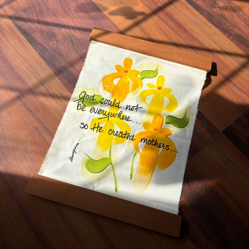 Vintage 1978‎ Bancroft Hand Painted Fabric Wall Hanging Motherhood Quote Floral